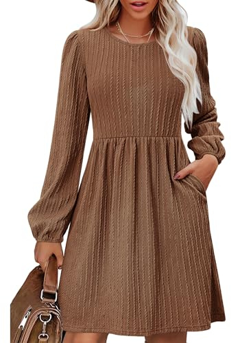 Zeagoo Damen Strickkleid Langarm Elegant Herbst Kleider Rundhals A-Linie Pulloverkleid Tunika Kleid mit Taschen Braun L