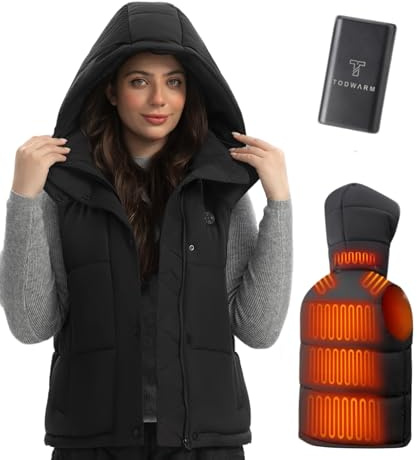 TODWARM Heizweste Damen mit Powerbank 16000mAh, Beheizbare Weste Damen 15 Heizzonen Abnehmbarer Hoodie Weste Beheizbar Damen für Camping Wandern Wintersport Schwarze M