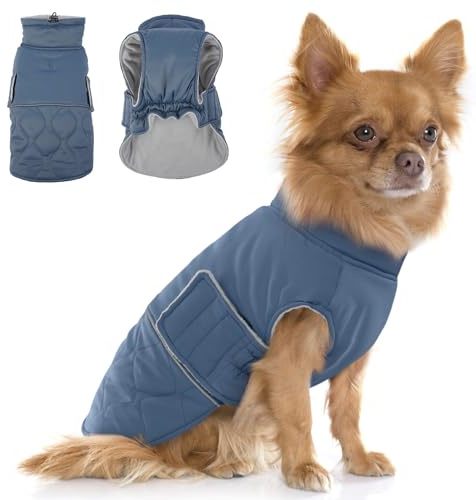 Hjumarayan Hundemantel für Kleine Hunde, Wattierend Wintermantel Mantel Hund Geschirröffnung, Jacken Gefüttert für Malteser, Kleiner Mops, Shih Tzu, Mini Dackel (Graublau S)