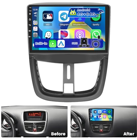 Hikity Autoradio Android 15 2 DIN 9 per Peugeot 207 2006-2010 CarPlay | 4G+64G. Wireless CarPlay, Android Auto, FM/RDS, BT, GPS, WiFi, SWC, Mirror Link, Retrocamera, MIC