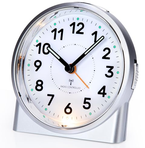 VIVILINEN Funkwecker Analog ohne Ticken mit Nachtlicht & Auto-DCF-Signal | Analoger Wecker mit 5-Min Schlummer & Leuchtzeigern, Reisewecker Funk, 11.5cm Kompaktdesign, Einfache Bedienung, Silber