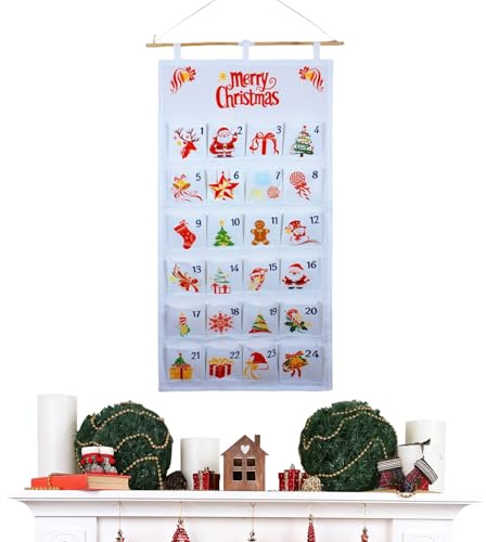 Sollee Calendario de cuenta regresiva de bolsillo, decoración de pared rellenable de 24 días, bolsa de tela para calendario de Navidad, para el hogar, dormitorio, guardería, niños, caramelos, joyería