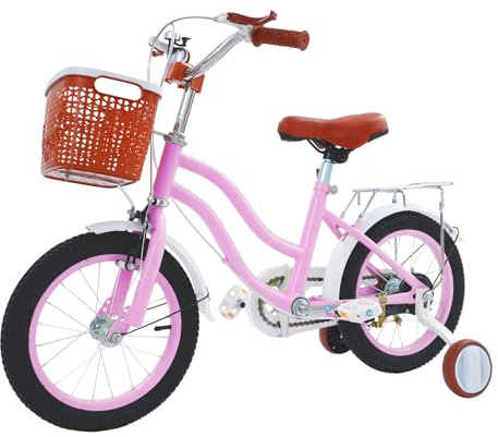 GXSFLG Vélo enfant de 14 pouces, avec roues stabilisatrices et panier en rose, pour garçons et filles de 3 à 7 ans, siège réglable en hauteur, système de freinage double, idéal pour l'entraînement au