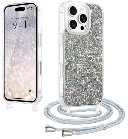 LCHULLE Crossbody Lanyard Case for iPhone 16 Pro with Strap, Silver | Adjustable Removable Neck Strap, Sparkle Glitter Phone Cover for Women, Clear TPU Bumper, Shockproof Drop Protection
