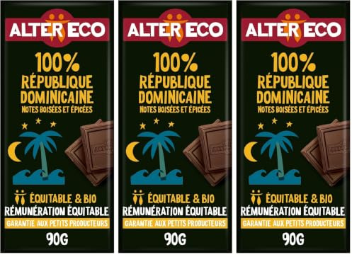 ALTER ECO - Tablette Chocolat Noir 100% - Puissant et Acidulé - Bio & Équitable - Origine République Dominicaine - 90 g (Lot de 3)