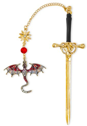 Drachen-Lesezeichen – Vintage-Lesezeichen aus Metall mit Schwert und Quaste, gotisches Design, perfektes Geschenk für Bücherliebhaber, Schüler und Lehrer (Rot)