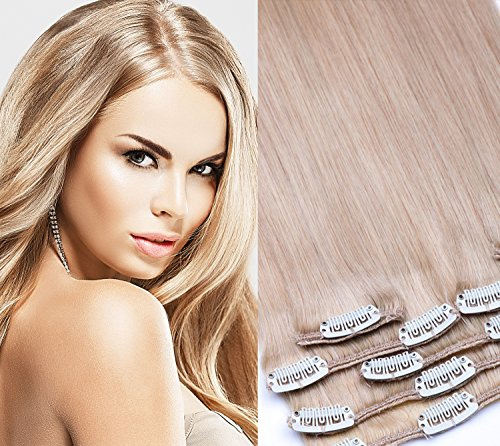 Clip In Extension Set 7 Teile glatt 45cm Haarverlängerung Haarteil 100% Remy Echthaar Clip in Hair Extension von GlamXtensions in Farbe: 22 Hellblond