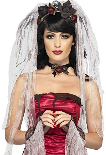 shoperama Set Gothic Braut Schleier mit Rosen und Totenköpfen Armstulpen Kette Halloween Kopfschmuck Tiara Haarreif