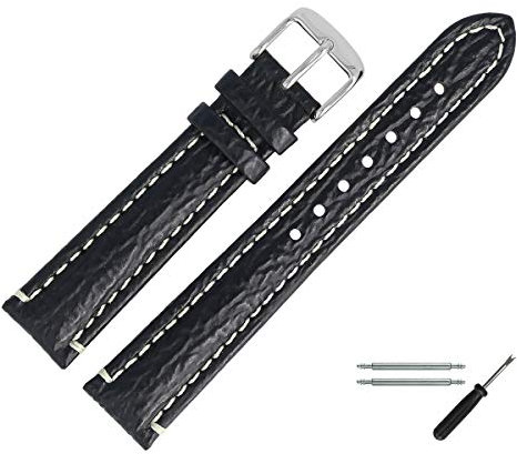 MARBURGER Uhrenarmband 18mm Leder Schwarz Silber Hai Prägung Mit Naht - Montage Set 4631810000120
