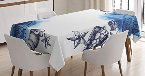ABAKUHAUS Ozean Tischdecke, Sealife Sea Shells Sand, Schmutzabweisend Pflegeleicht Waschbar Druck Mit Klaren Farben ohne Verblassen, 140 x 170 cm, Marineblau und Weiß