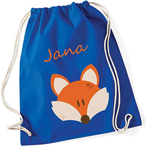 minimutz Turnbeutel mit Namen personalisiert & Bedruckt | Motiv Fuchs | Stoffbeutel Schuhbeutel Sportbeutel für Kinder Jungen & Mädchen | inkl. NAMENSDRUCK | blau orange Navy (Royalblau)