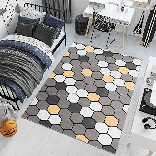 TAPISO Pinky Teppich Kurzflor Grau Weiß Gelb Modern Geometrisch Figuren Design Jugendzimmer Kinderzimmer Wohnzimmer ÖKOTEX 80 x 150 cm
