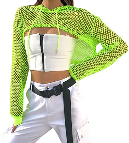 ORANDESIGNE Damen Transparent Tops mit Kapuzen Bauchfrei Netz Oberteil Langarm Netz-Shirt Crop Top Unterhemd Dessous Unterwäsche Clubwear
