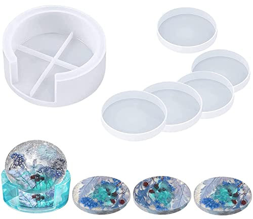 VEGCOO Kit de Moules en Résine, 6 Pcs Moulle de Boîte de rangement en Silicone Résine Epoxy, Silicone Coaster Mold, Dessous de Verre Ronds en Résine Moule en Silicone-Pour Moulage en Résine