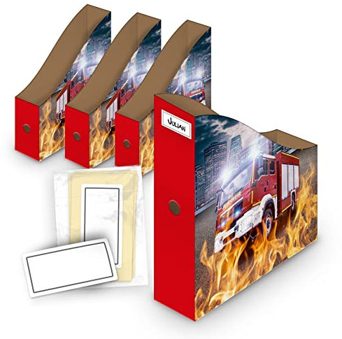 itenga Stehsammler Pappe Motiv Feuerwehr für DIN A4-4er Set inkl Beschriftungsetiketten - Zeitschriftensammler Kartonständer Stehsammler Schreibtisch Organizer