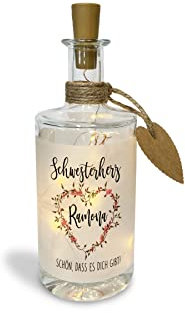 Yuweli® Flaschenlicht Schwester personalisiert mit Name als Geschenk zum Geburtstag I Geschenke I LED Deko I Dekoflasche mit LED Beleuchtung (Schwesterherz)