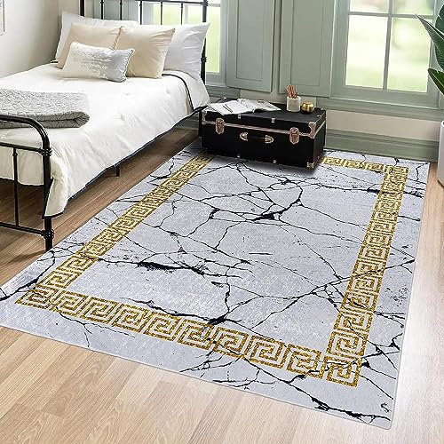 Mazovia Modern Teppich - Kurzflor Waschbar - Weich Teppich für Wohnzimmer, Schlafzimmer, Esszimmer – Teppiche Marmor Abstrakt Muster - Grau Gold 140 x 200 cm