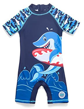 ADAVERANO Baby Jungen Sonnenanzüge UV50+ Badebeklideung EIN-Stück mit kurzen Sleeves mit Sonne Hut.(Skateboard Whale,92-98Cm)