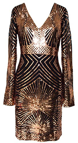 MISSCHEN Women's V Neck Bodycon Midi Sequin Long Sleeve Evening Cocktail Dress Rose Gold L