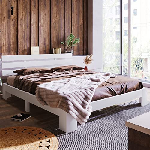 Whoiy Stauraumbett Kiefer, Bett Doppelbett 140X200cm Naturfarbenes Massivholz mit Holzkopfteil Jugendbett Im Landhausstil Im Retro-Stil
