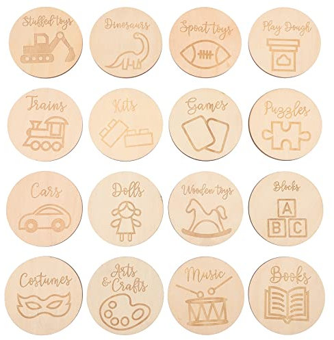 TOYANDONA Wooden Toy Storage Labels, 16 Pieces Kids Toy Nursery Room Tags Round Wooden Discs Wood Circle Ornament for Toys Box Home Organization Label