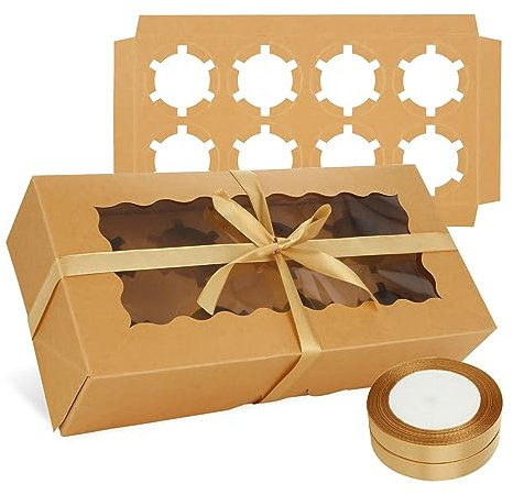 DAJAVE 30 Pcs Cupcake Boxes 8 Hole with Window Cupcake Box Brown Cake Boxes with Window Cupcakes Box with Ribbon for Cupcakes, Cookies, Pastries and Muffins