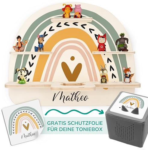 Tonie Regal für Mädchen und Jungen, Personalisiert mit Namen - Tonie Figuren stilvoll aufbewahrt, Schutzfolie für Deine Toniebox inkl. - Regenbogen Wandregal Kinderzimmer für Tonie Hörfiguren