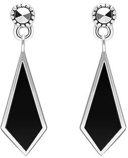 Esse Marcasite Sterling Silver Marcasite & Black Enamel Long Fan Drop Earrings