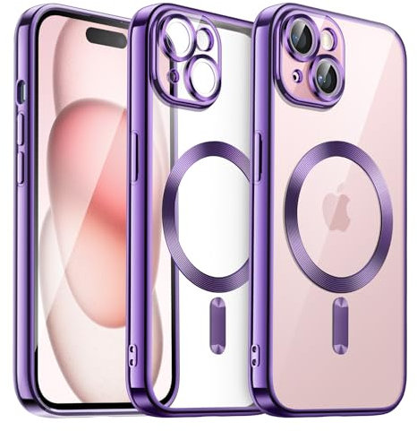 JETech Cover Trasparente Morbida per iPhone 15 6,1 Pollici, Obiettivo per Fotocamera Protezione Completa, Compatibile con MagSafe Ricarica Wireless, Custodia Placcatura con TPU (Viola)