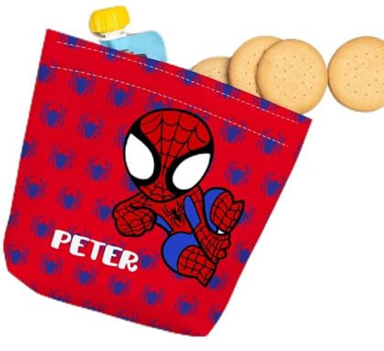 Wanapix | Wiederverwendbare Snackbeutel mit Namen | personalisierte Sandwichbeutel Kinder | Stoffbrotdose | Klettverschluss | BPA-frei | 18x18 cm | Spider Hero