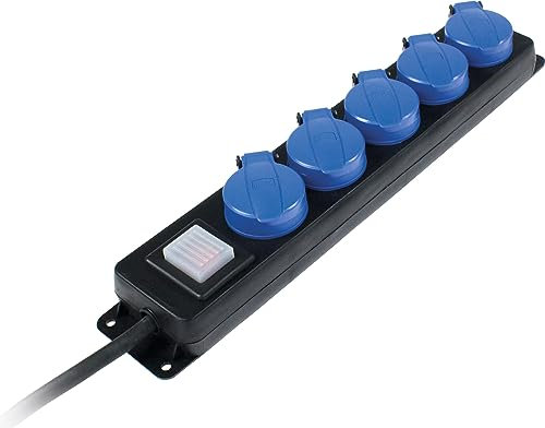 as - Schwabe 5-fach Verteilersteckdosenleiste mit Schalter, Schutzkontaktsteckdosen mit Klappdeckeln, 1,5 m Leitung, Mehrfachsteckdose für den Außenbereich 230V, 16A, IP44, Schwarz, Blau, 38631