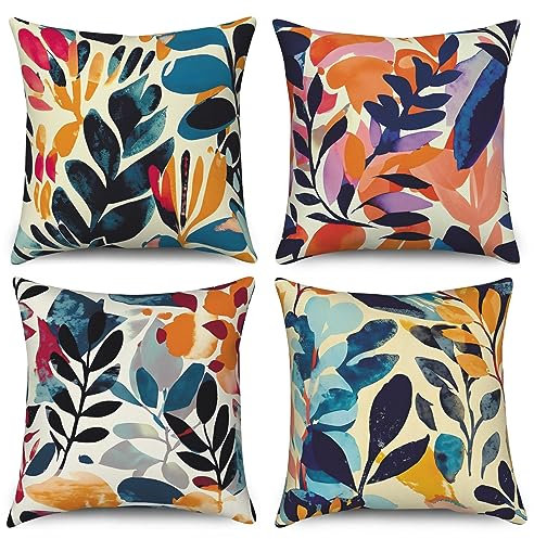 ASDCXZ Kissenbezug 50x50 cm 4er Set, Modern Kunst Graffiti Blätter Bunt Sofa Dekokissen Kissenbezüge Kissenhülle Waschbar Polyester Flachs Textil Outdoor Kopfkissenbezug Kissen Bezug