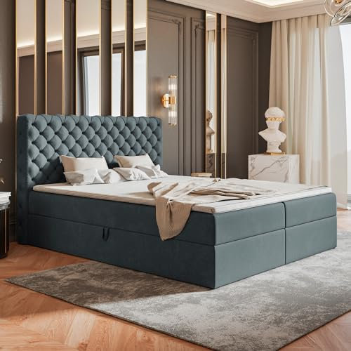 MOTIVENA Nero Chesterfield Boxspringbett 180x200 mit Bettkasten und Topper, Polsterbett 180x200 mit Bettkasten, Taschenfederkern-Matratze (H3), T28 Schaumstoff Topper (H3), Samt, Grau (Anthrazit)