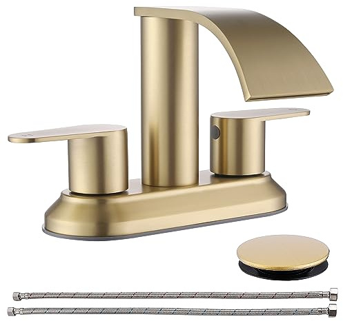 4 inch Centerset Bathroom Faucets Brushed Gold, Stainless Steel Gold Sink Faucet Bathroom with cUPC Supply Lines, Jodulos 2 Handle Waterfall Bathroom Sink Faucet with Pop Up Drain Stopper JU-DE-201-BG