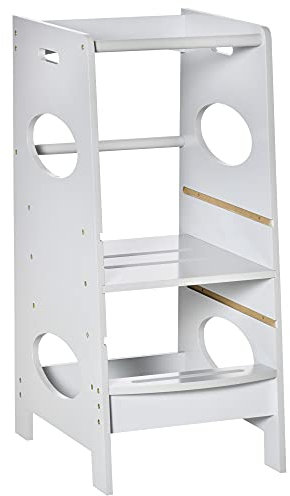 HOMCOM Torre de Aprendizaje de Madera para Niños Taburete de Cocina Infantil con Pedal Altura Ajustable en 3 Posiciones y Barra de Seguridad 40x50x90 cm Gris