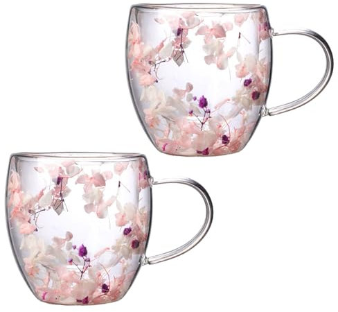 2 Stück Doppelwandige Glas-Kaffeetassen, Transparente Blumen-Kaffeetassen mit Griff, 250 Ml, Isolierte, Hitzebeständige Glastasse für Cappuccino, Latte, Tee, Milch, Heiße Getränke(Rosa Weiß)