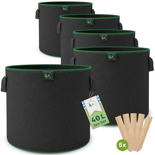 TTL Garden 5X 40L Pflanzsack aus Vlies Stoff - 5er Set 40 Liter Pflanztaschen aus 300 g/m² Filz & Vliesstoff - Pflanzgefäß Pflanzbeutel Wachstumstasche für Balkon Terrasse Gewächshaus & Garten
