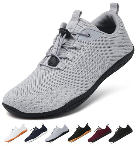 Geweo Barfußschuhe Herren Damen Sommer Bequeme Barfuss Schuhe Sneaker mit Breite Zehenbox für Sport Fitness Gym Schuhe Leicht Atmungsaktiv Turnschuhe Zero-Drop Sohle Barefoot Shoe Unisex Grau 39EU