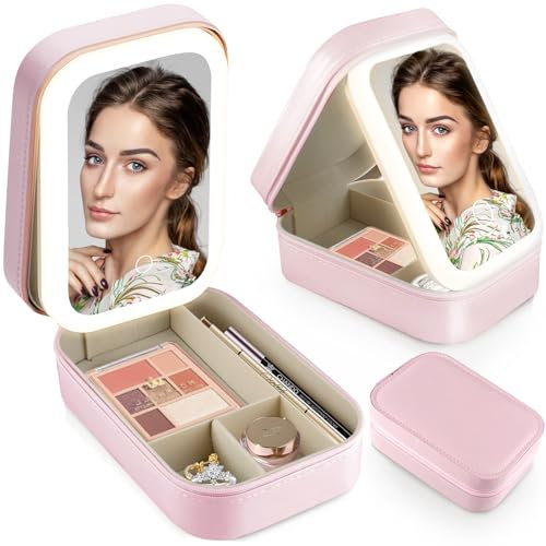 Kosmetiktasche mit Beleuchtetem Spiegel, Tragbarer Schminktasche mit Spiegel-3 Farben LED Licht, Reise Make up Tasche, Kosmetik Organizer Tasche, Make up Aufbewahrungstasche für Beauty Tools (Rosa)