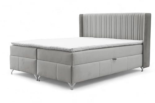FURNISTAR Boxspringbett Maddie mit Bettkasten Bett mit Topper und Bonellmatratze Polsterbett Familienbett Schlafzimmer Bett mit Stauraum (Hellgrau, 180x200)