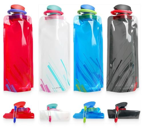 KUMSODE 4 Pièces 700ML Bouteille d'eau Pliable, Gourde Souple Bouteille d'eau Portable Réutilisable Ensemble Bouteille d'eau pour la Randonnée, les Aventures, les Voyages