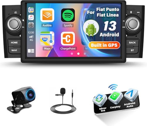 CAMECHO 1+32G Autoradio para FIAT Punto 05-09/Linea 07-11 con Apple Carplay Android Auto Inalámbrico, Autoradio con Pantalla de 7 con Mirror Link GPS/WiFi/RDS/FM/SWC/HiFi+Cámara de Visión Trasera