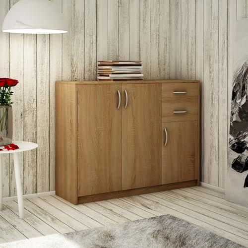 Home Collective Kommode mit 2 Schubladen und 3 Türen in Matter Ausführung Kommode 110cm breit mit hochwertigen Polymergriffen Holz Schrank mit Schubladen Aus laminierter Platte gefertigt Sonoma