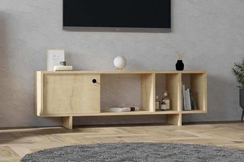 Hanah Home Modern Oak TV Unit, 140 cm | 100% Melamine Coated Particle Board, 18 mm Thick | Wall-Mountable, Extra Storage, Scandinavian Design, Stylish & Functional