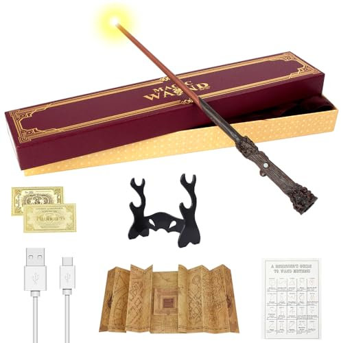 CJBIN Harry P-otter Wand, 38CM Harry Light Up Wand, USB Charging Glow Wands HPotter, Magic HARRY P-otter Wands in Gift Box with Card, Station Ticket, Map, and Holder