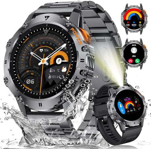 FOXBOX Smart Watch for Men,1.43’’AMOLED 500mAh Military Smartwatch,IP68 Waterproof Fitness Tracker 110+ Sport Modes Bluetooth Call Watches Flashlight Blood Pressure Heart Rate Sleep Monitor Black