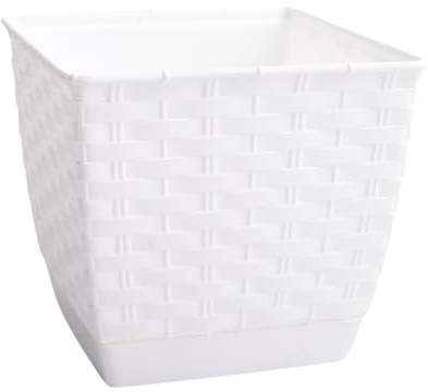 B2C Flower Pot Planter Rattola Plastic with matching saucer Square Modern S M L Decor Outdoor Indoor Plant Gardening Patio Rattan Look Plastic (White, 2.5L)