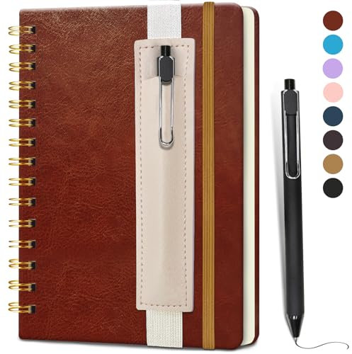 DWIYITTN Notizbuch A5 Liniert, Hardcover Spiralbindung 80 Blatt /160 Seiten Notizbuch mit Stift & Kunstleder-Stifthalter Collegeblock Notizblock für Arbeit Büro Schule 14,5 x 21cm 80 g/m² -Rotbraun