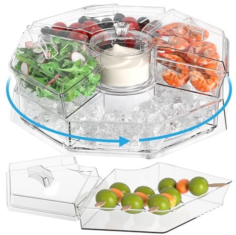 Tangyinus Rotating Chilled Serving Tray - 12.5 Ice Chilled Party Platter with 5 Removable Compartment and Lid, Clear Shrimp Cocktail Serving Dish with Ice Tray, Fruit Trays for Serving for Party