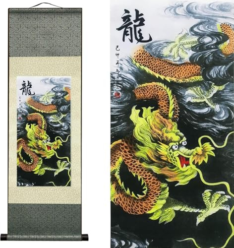 AtfArt Silk Scroll Painting, Asian Wall Decor, Dragon, 36.2x12in | Five-Clawed Golden Dragon, Symbol of Power, Chinese Art Scroll for Living Room, Bedroom, Office Decor